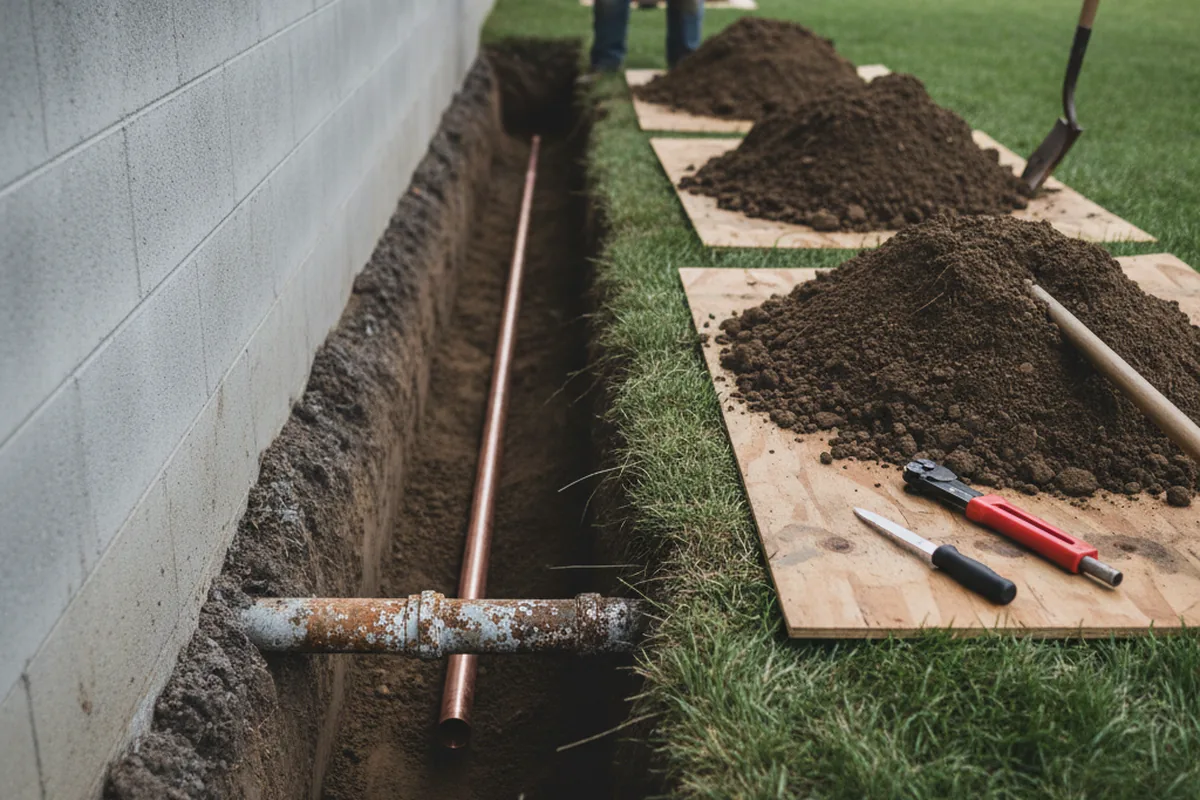 Excavated water line trench during Water Softener Installation in Balm